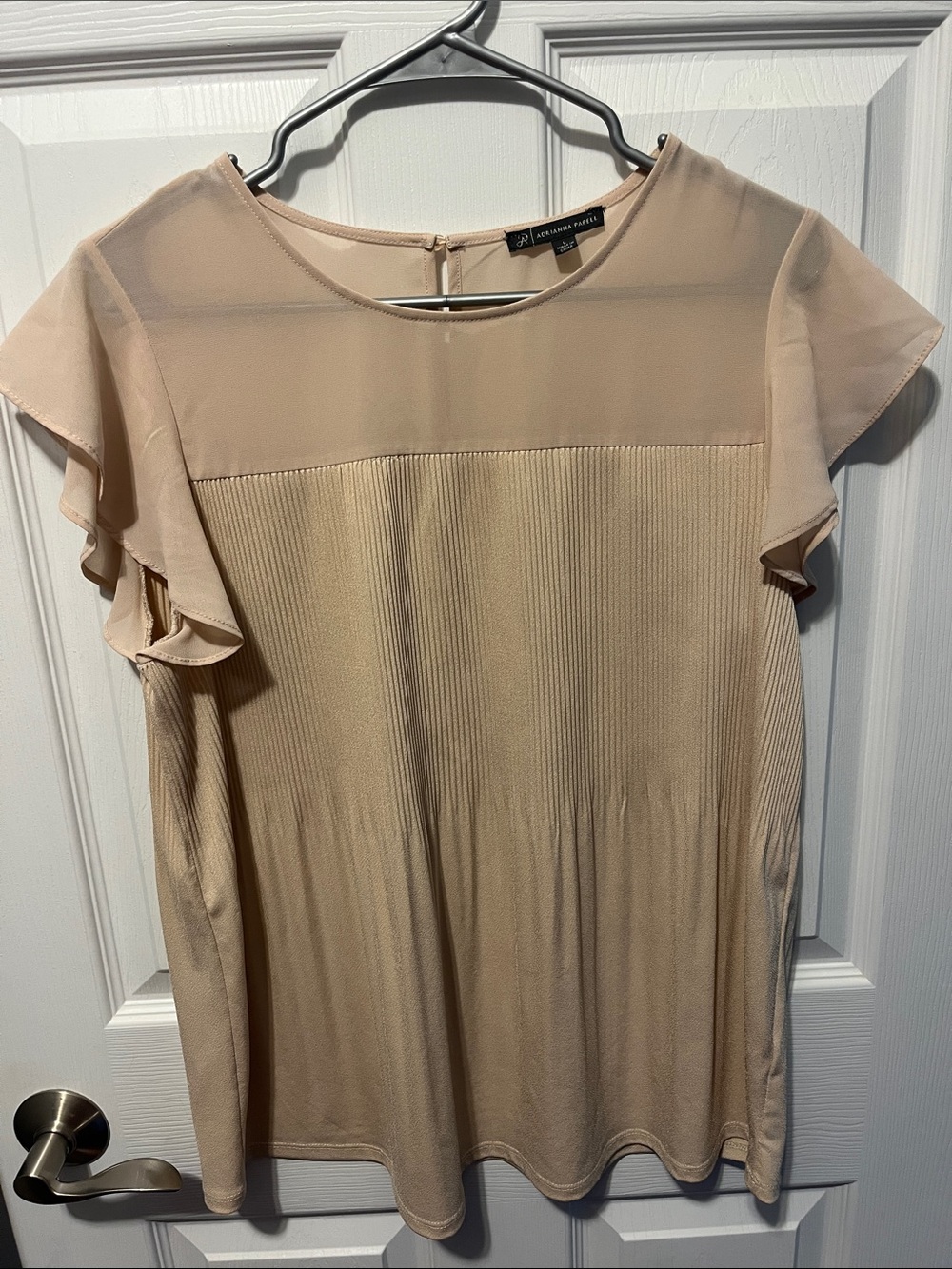 Adrianna Papell Light Beige Pleated Flutter Sleeve Top